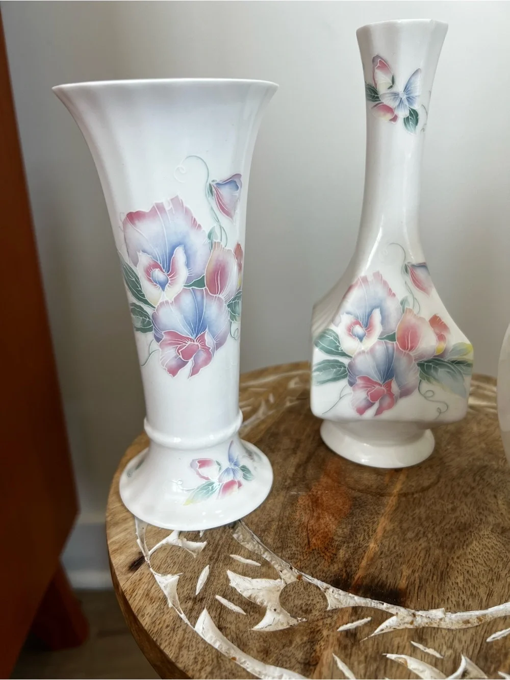 Lot of 3 Aynsley Floral Porcelain Accent Vase - White with Pink & Blue Flowers